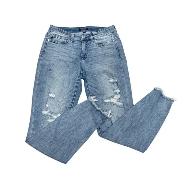 Judy Blue Denim - Judy‎ Blue Womens Blue Distressed Denim Raw Hem Stretch Skinny Fit Jeans Size 7